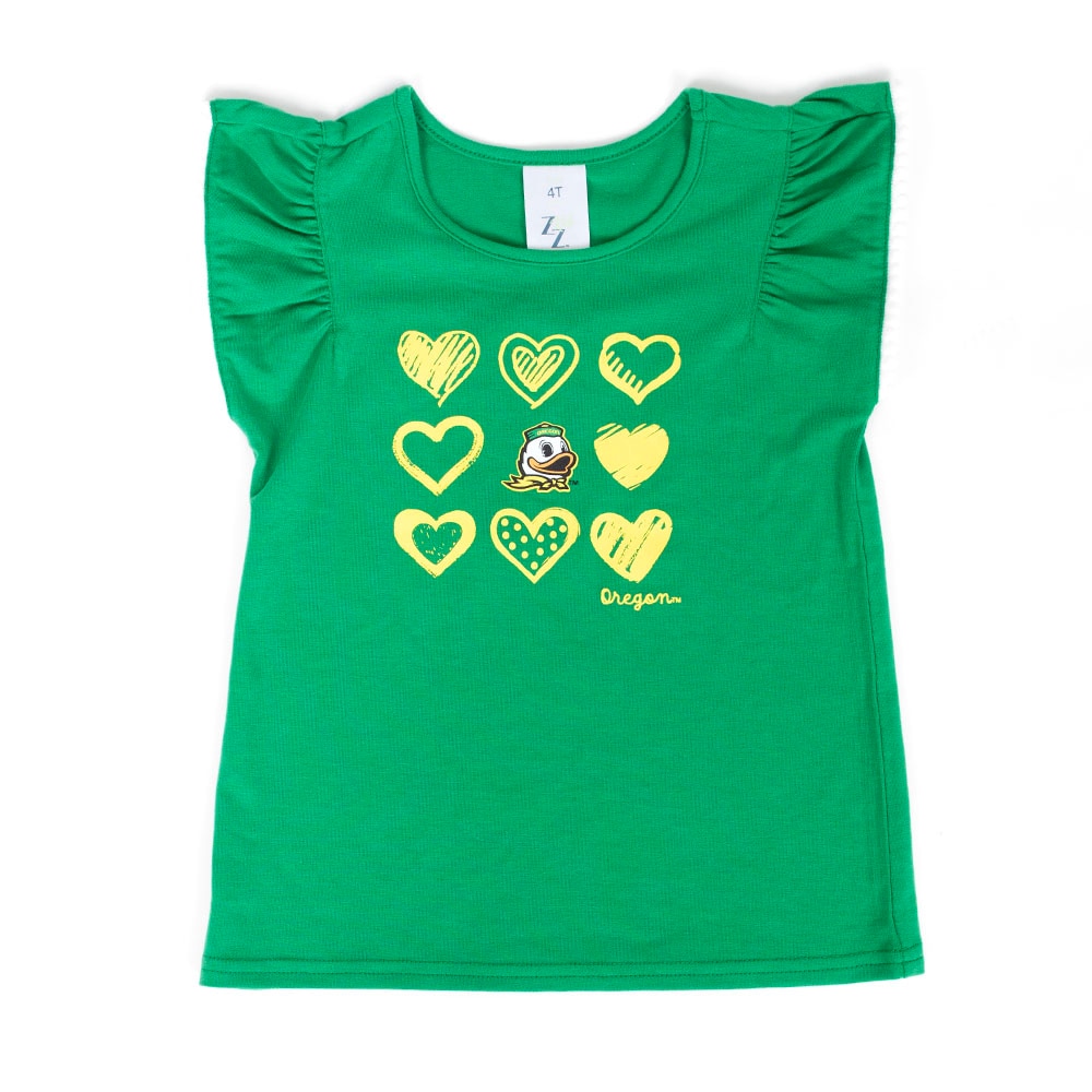 Ducks Spirit, Zoozatz, Green, Sleeveless, Cotton Blend, Kids, Toddler, Hearts around mascot, Ruffle, Tank, Shirt, 955874